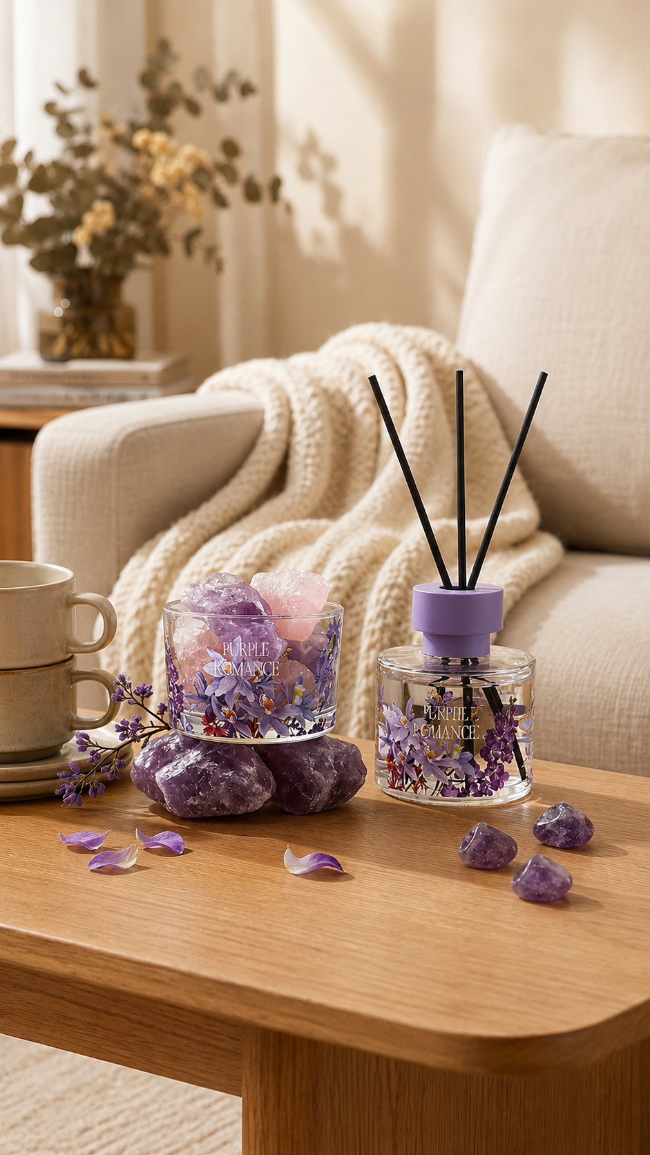 Amethyst Stone & Reed Diffuser Set / Ensemble diffuseur à bâtonnets et pierres d